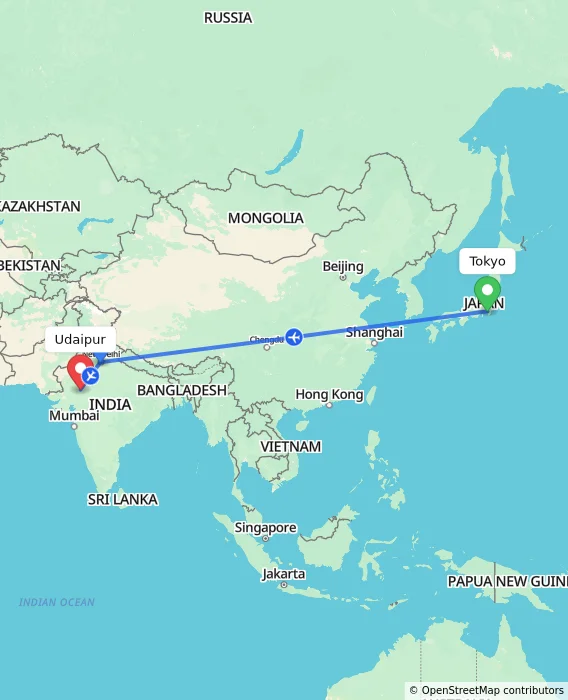 Route map showing distance and travel time from Tokyo, Japan to Udaipur, India
