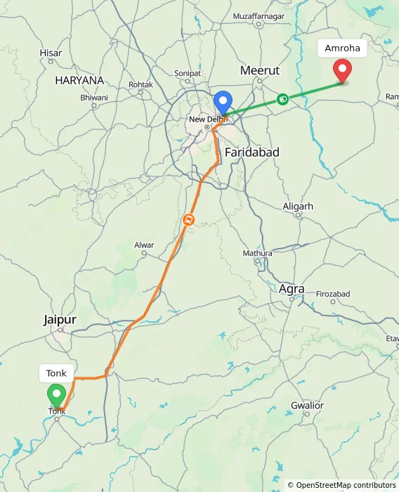 Route map showing distance and travel time from Tonk, India to Amroha, India