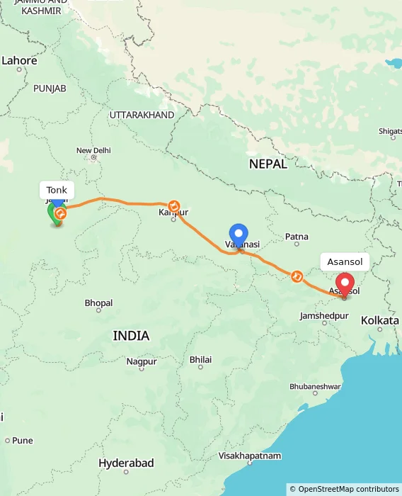 Route map showing distance and travel time from Tonk, India to Asansol, India
