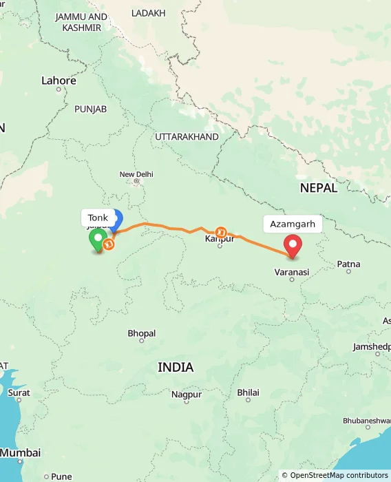 Route map showing distance and travel time from Tonk, India to Azamgarh, India