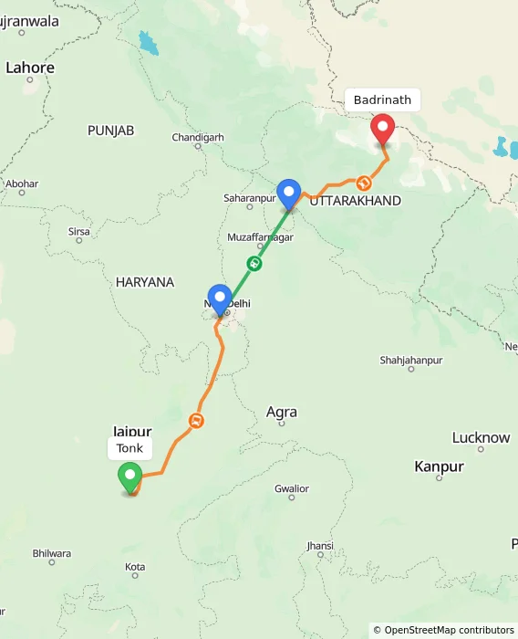 Route map showing distance and travel time from Tonk, India to Badrinath, India
