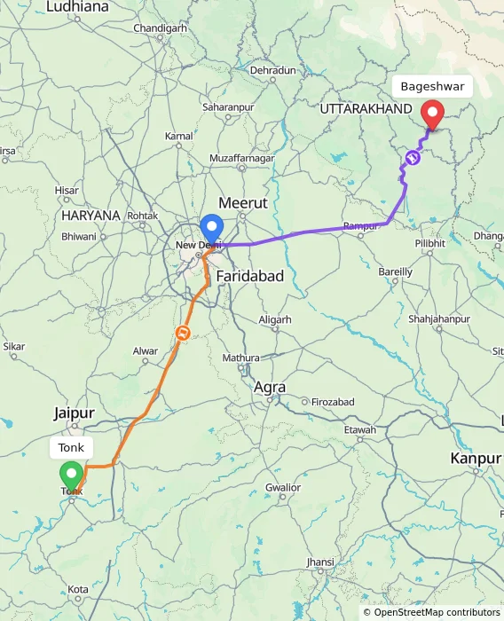 Route map showing distance and travel time from Tonk, India to Bageshwar, India