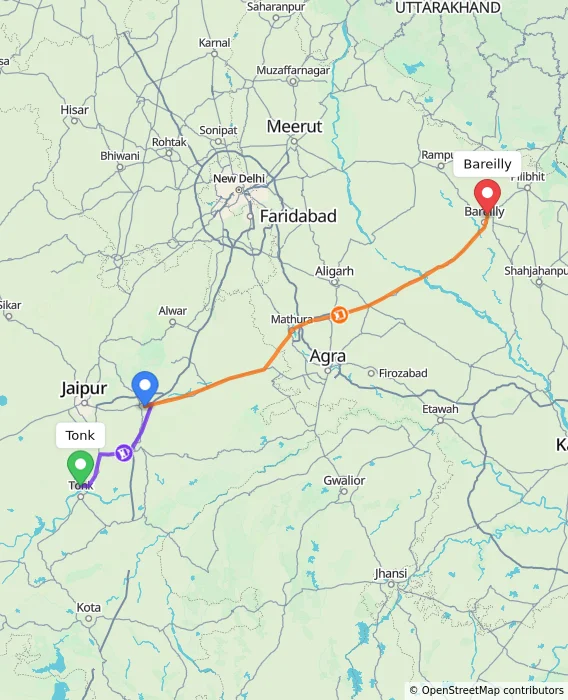 Route map showing distance and travel time from Tonk, India to Bareilly, India