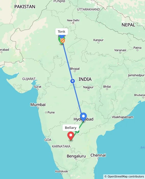Route map showing distance and travel time from Tonk, India to Bellary, India