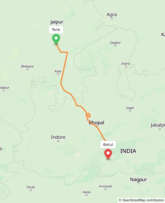Route map showing distance and travel time from Tonk, India to Betul, India