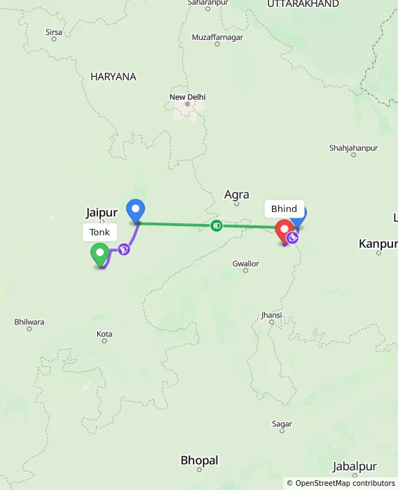 Route map showing distance and travel time from Tonk, India to Bhind, India