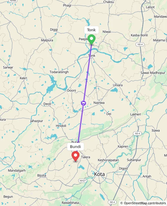 Route map showing distance and travel time from Tonk, India to Bundi, India