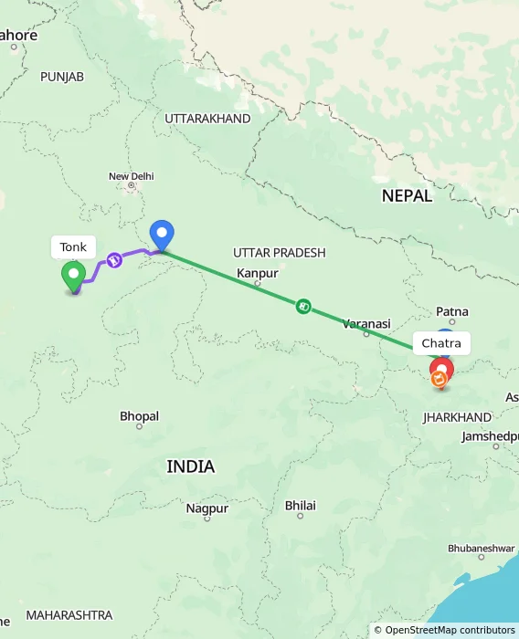 Route map showing distance and travel time from Tonk, India to Chatra, India