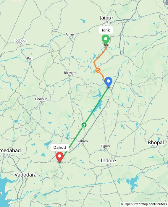 Route map showing distance and travel time from Tonk, India to Dahod, India