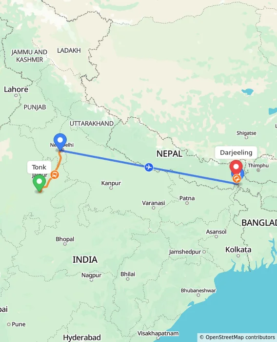 Route map showing distance and travel time from Tonk, India to Darjeeling, India