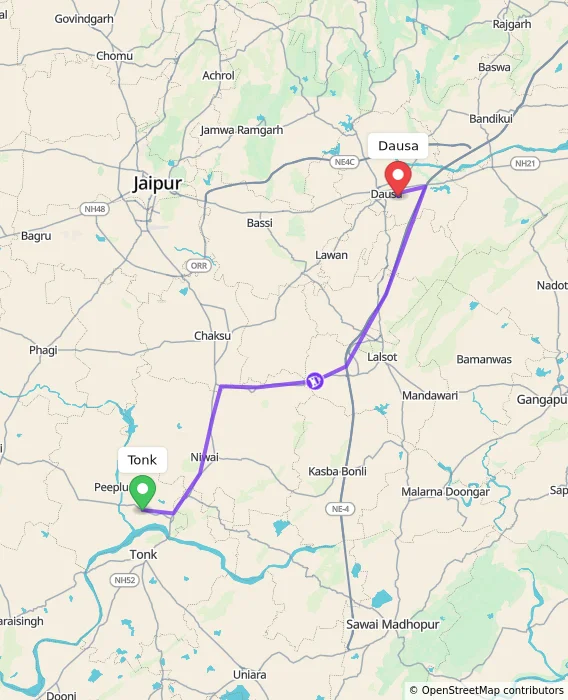 Route map showing distance and travel time from Tonk, India to Dausa, India