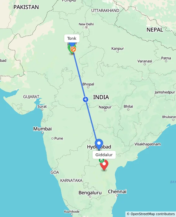 Route map showing distance and travel time from Tonk, India to Giddalur, India
