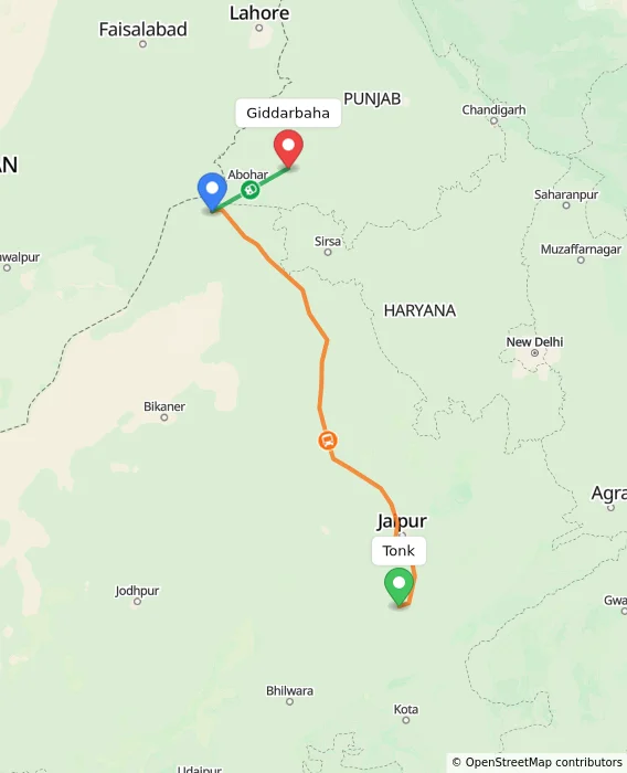 Route map showing distance and travel time from Tonk, India to Giddarbaha, India