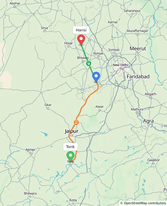 Route map showing distance and travel time from Tonk, India to Hansi, India
