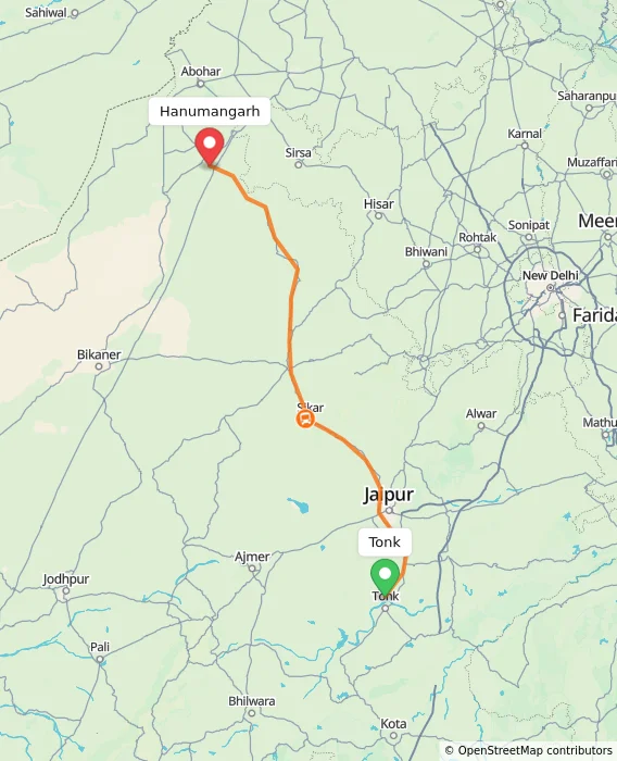 Route map showing distance and travel time from Tonk, India to Hanumangarh, India
