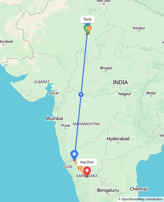 Route map showing distance and travel time from Tonk, India to Harihar, India