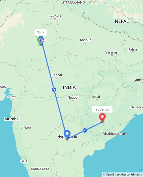 Route map showing distance and travel time from Tonk, India to Jagdalpur, India