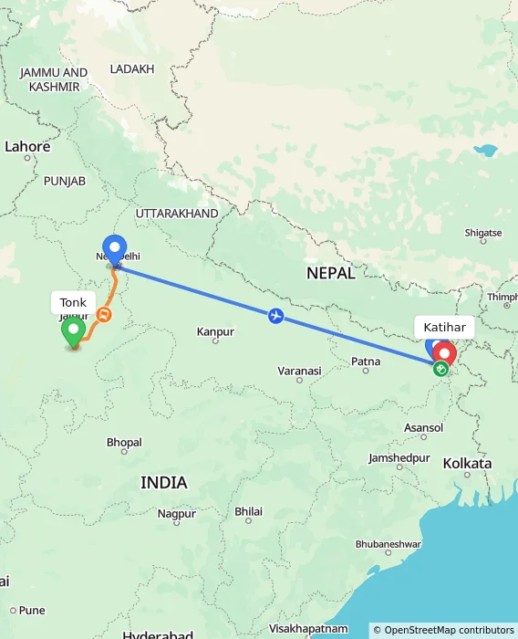 Route map showing distance and travel time from Tonk, India to Katihar, India
