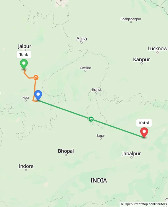 Route map showing distance and travel time from Tonk, India to Katni, India