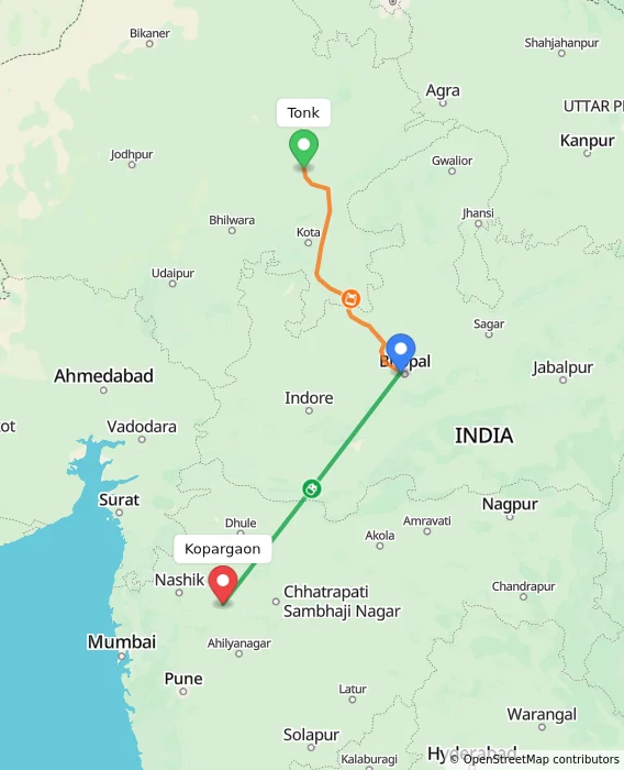 Route map showing distance and travel time from Tonk, India to Kopargaon, India