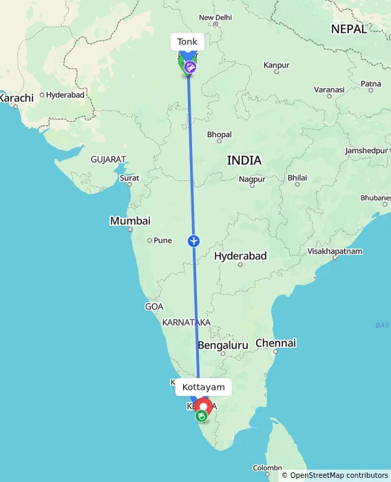 Route map showing distance and travel time from Tonk, India to Kottayam, India