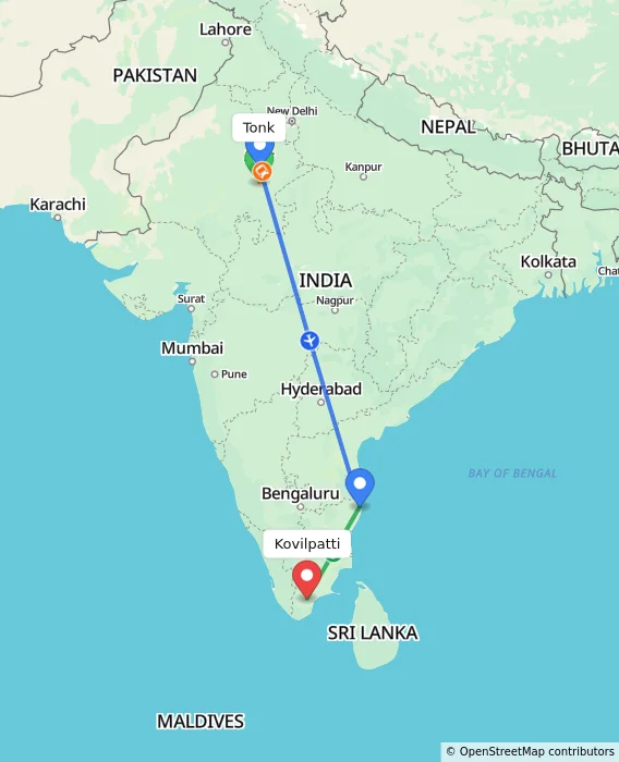 Route map showing distance and travel time from Tonk, India to Kovilpatti, India
