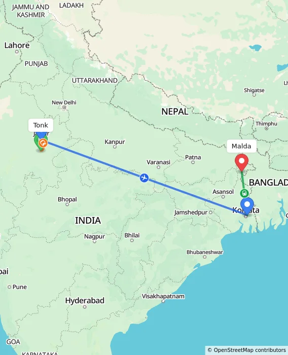 Route map showing distance and travel time from Tonk, India to Malda, India