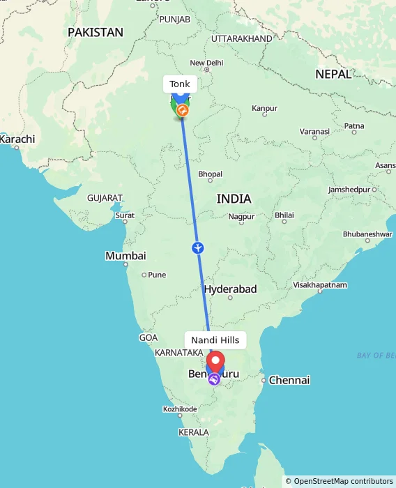Route map showing distance and travel time from Tonk, India to Nandi Hills, India