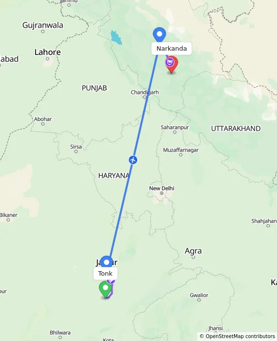 Route map showing distance and travel time from Tonk, India to Narkanda, India