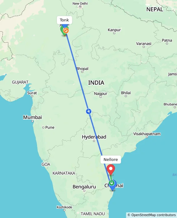 Route map showing distance and travel time from Tonk, India to Nellore, India