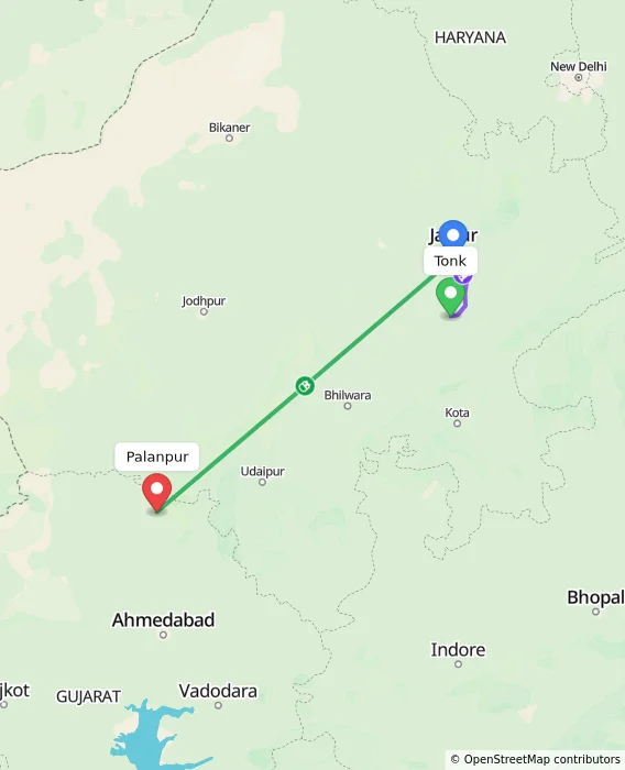 Route map showing distance and travel time from Tonk, India to Palanpur, India