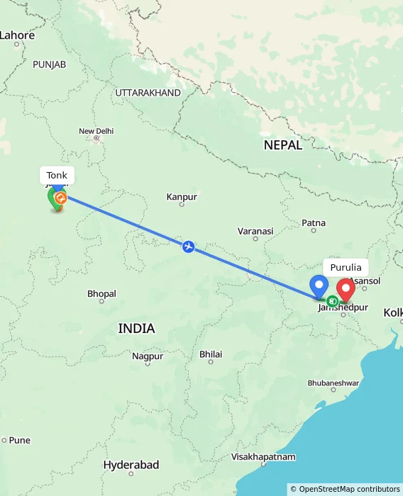 Route map showing distance and travel time from Tonk, India to Purulia, India