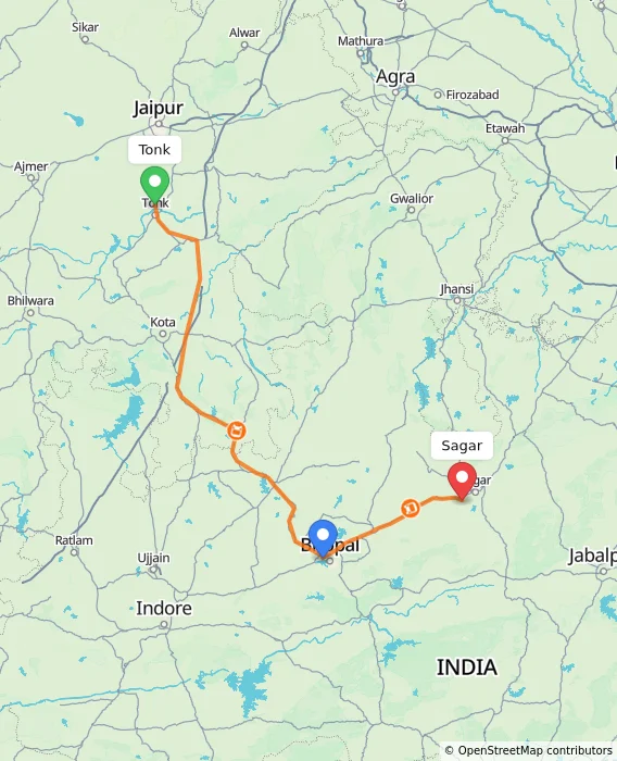 Route map showing distance and travel time from Tonk, India to Sagar, India