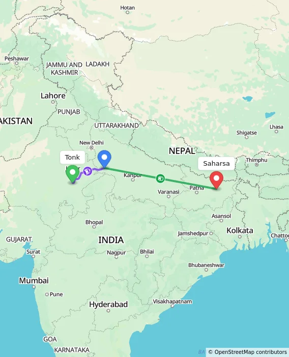 Route map showing distance and travel time from Tonk, India to Saharsa, India