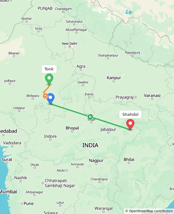 Route map showing distance and travel time from Tonk, India to Shahdol, India