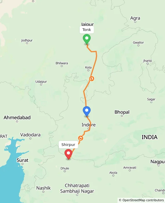 Route map showing distance and travel time from Tonk, India to Shirpur, India