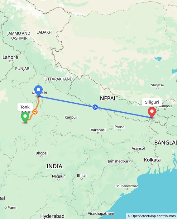Route map showing distance and travel time from Tonk, India to Siliguri, India