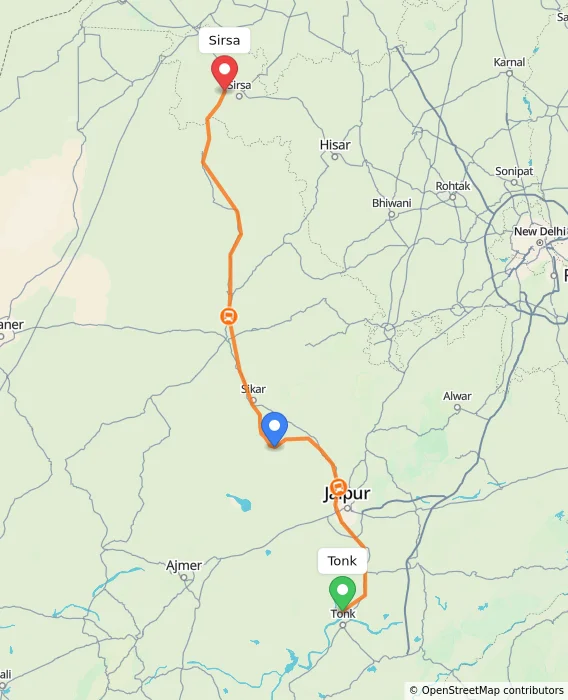 Route map showing distance and travel time from Tonk, India to Sirsa, India