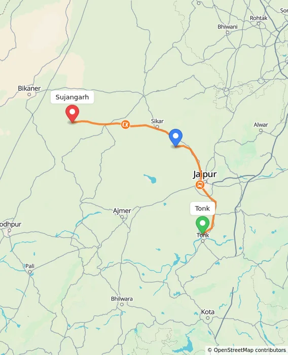 Route map showing distance and travel time from Tonk, India to Sujangarh, India