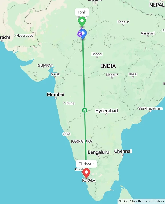 Route map showing distance and travel time from Tonk, India to Thrissur, India