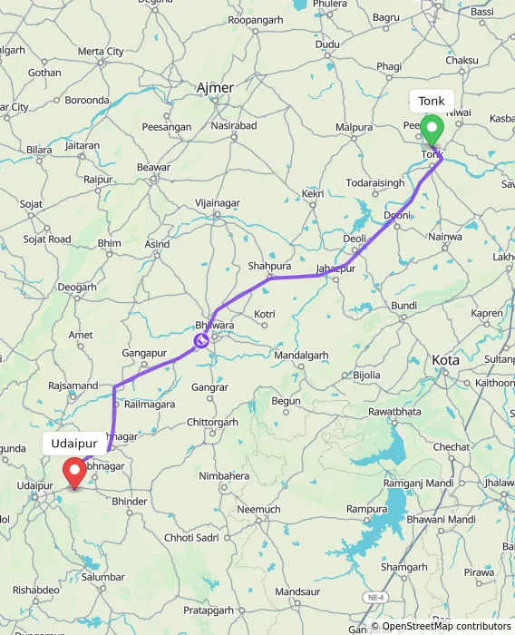 Route map showing distance and travel time from Tonk, India to Udaipur, India