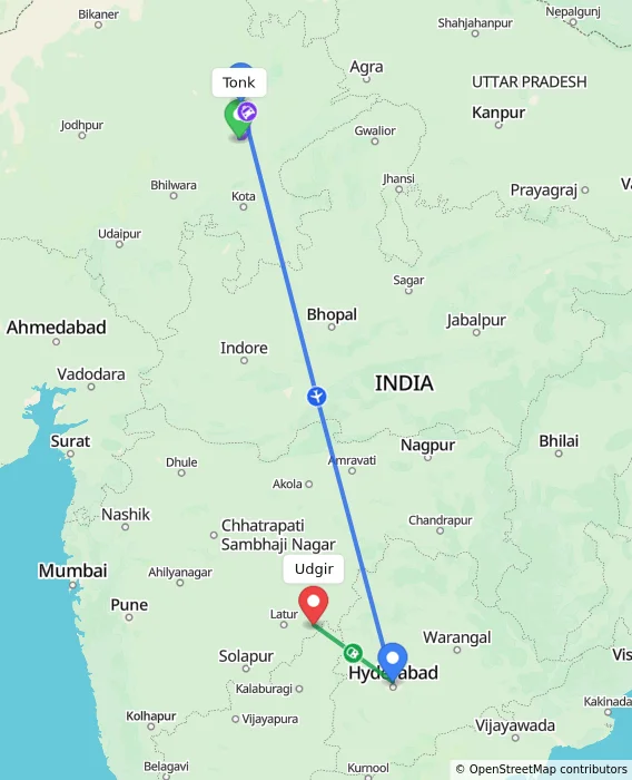 Route map showing distance and travel time from Tonk, India to Udgir, India