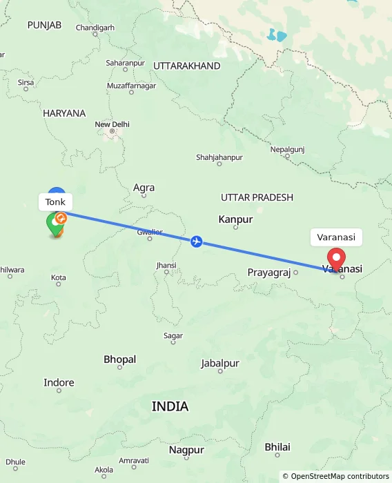 Route map showing distance and travel time from Tonk, India to Varanasi, India