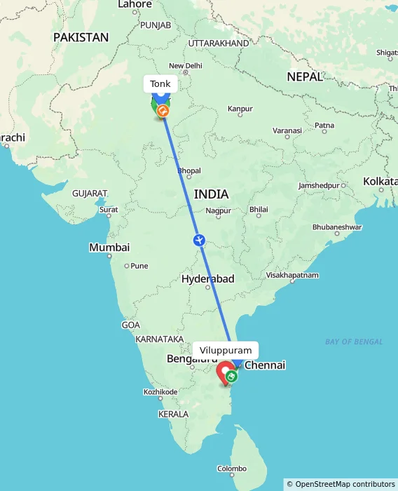 Route map showing distance and travel time from Tonk, India to Viluppuram, India