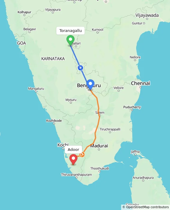 Route map showing distance and travel time from Toranagallu, India to Adoor, India