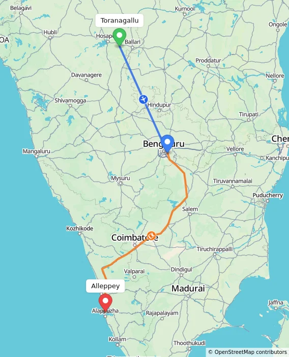 Route map showing distance and travel time from Toranagallu, India to Alappuzha, India