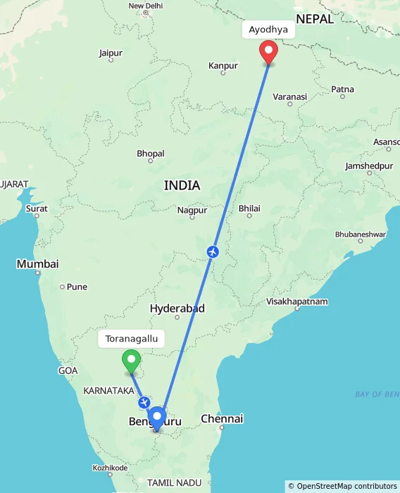 Route map showing distance and travel time from Toranagallu, India to Ayodhya, India