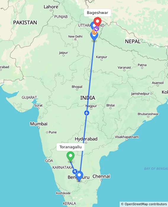 Route map showing distance and travel time from Toranagallu, India to Bageshwar, India