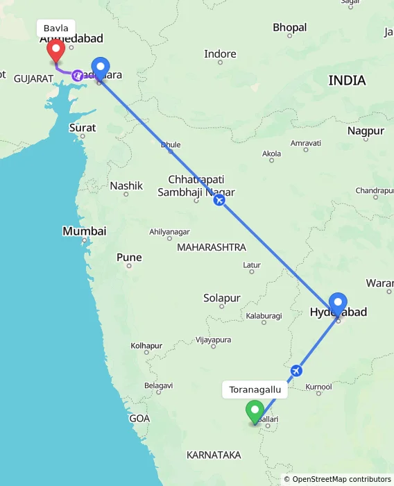Route map showing distance and travel time from Toranagallu, India to Bavla, India