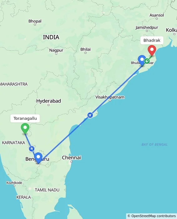 Route map showing distance and travel time from Toranagallu, India to Bhadrak, India